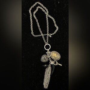 Burnished silver long charm necklace with matching earrings